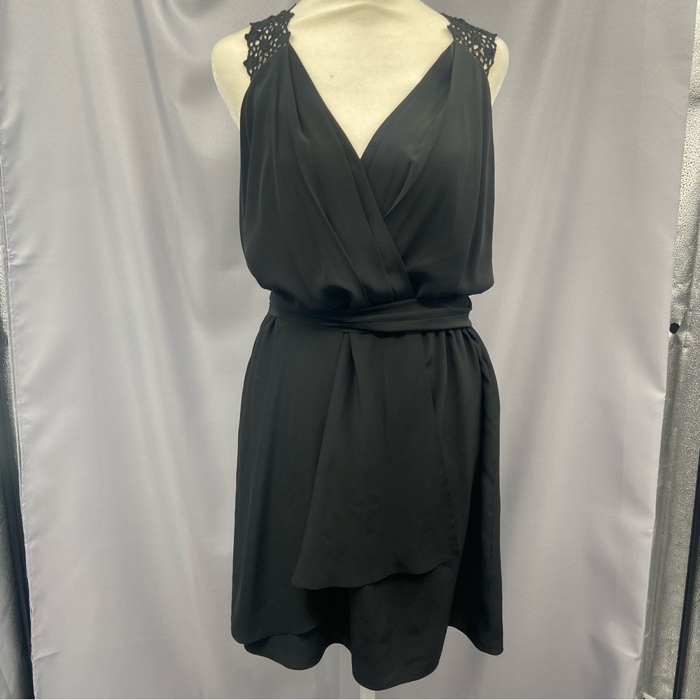 Rebecca Taylor Black Silk Faux Wrap Lace‎ Crochet Racerback Mini Dress Waist Tie